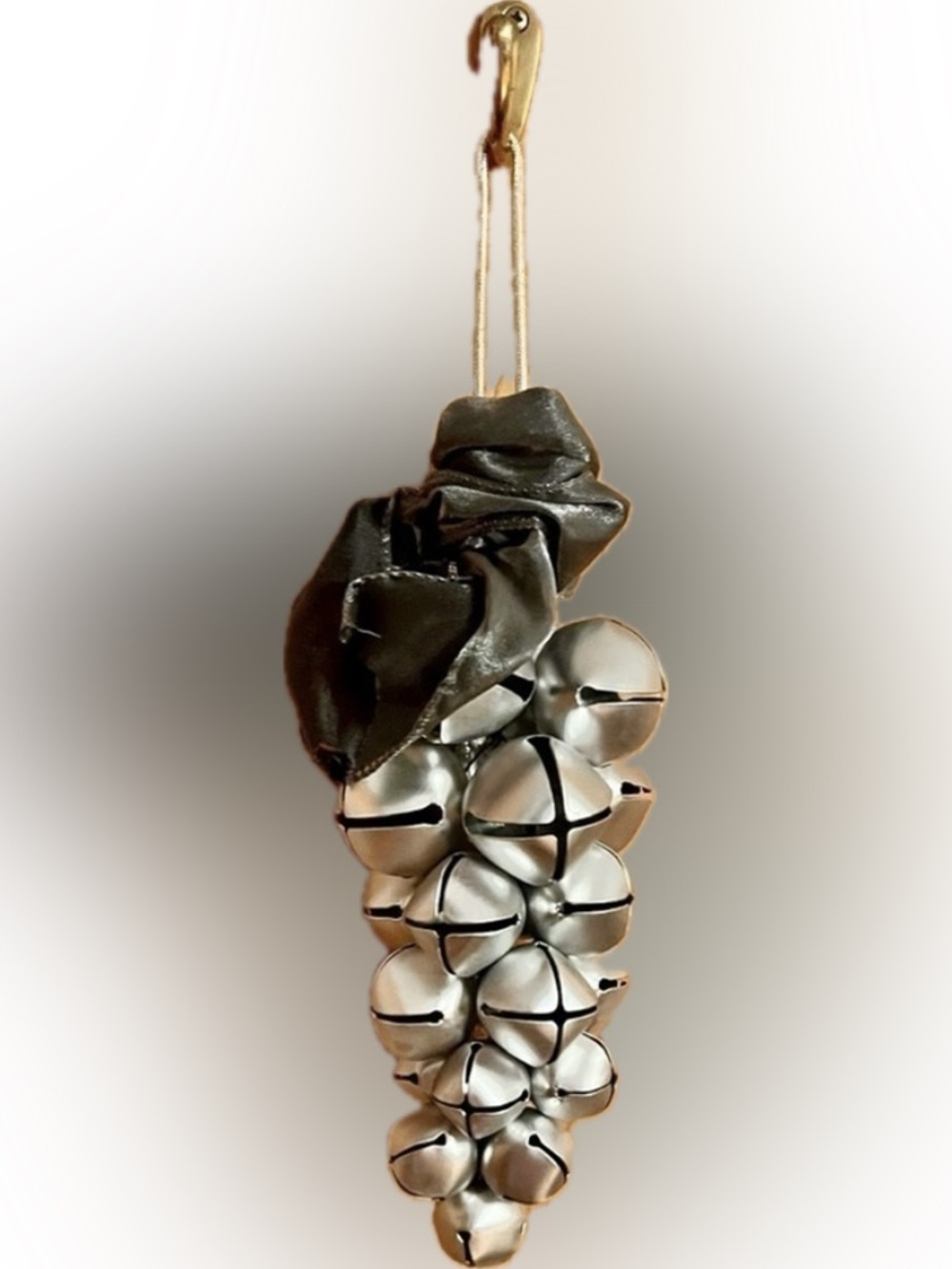 Vintage Silver Sleigh Bell Grape Cluster Door Hanger Christmas Decor Gray Bow